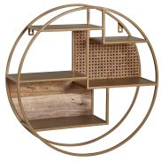 Wandregal rund aus Mango Massivholz und Rattan, Farbe: Mango - Abmessungen: 62 x 62 x 17 cm (H x B x T)