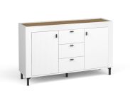 Sideboard / Kommode mit drei Schubladen Barbe 16, vier Fächer, Farbe: Weiß matt / Eiche, zwei Türen, Maße: 83,5 x 137 x 40 cm, ABS-Kantenschutz, Griffe: Schwarz