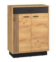 Schuhschrank Lautela 05, Farbe: Eiche / Schwarz - Abmessungen: 91 x 70 x 34 cm (H x B x T), mit 1 Schublade, 2 Türen und 4 Fächern