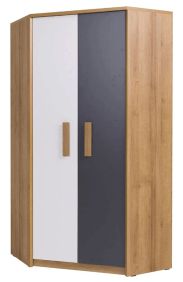 Eckkleiderschrank mit viel Stauraum Valbom 08, Farbe: Eiche Riviera / Weiß / Grafit - Abmessungen: 188 x 92 x 92 cm (H x B x T), mit 2 Kleiderstangen und 10 Fächern