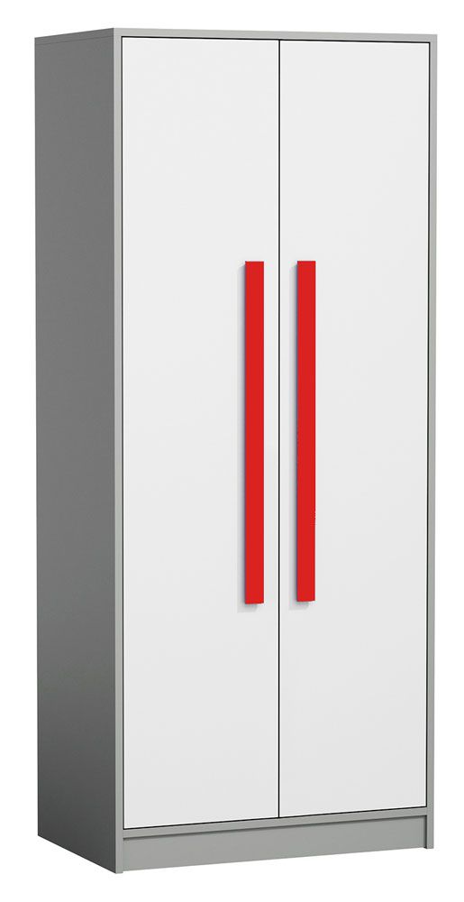 Jugendzimmer - Drehtürenschrank / Kleiderschrank Olaf 01, Farbe: Anthrazit / Weiß / Rot, teilmassiv - 191 x 80 x 50 cm (H x B x T)