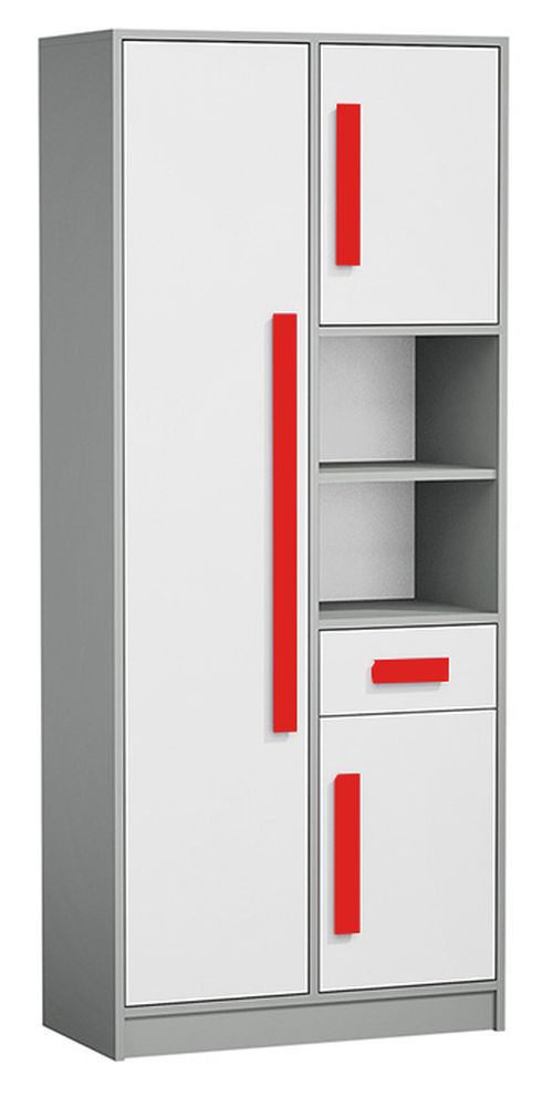 Jugendzimmer - Schrank Olaf 03, Farbe: Anthrazit / Weiß / Rot, teilmassiv - 191 x 80 x 40 cm (H x B x T)