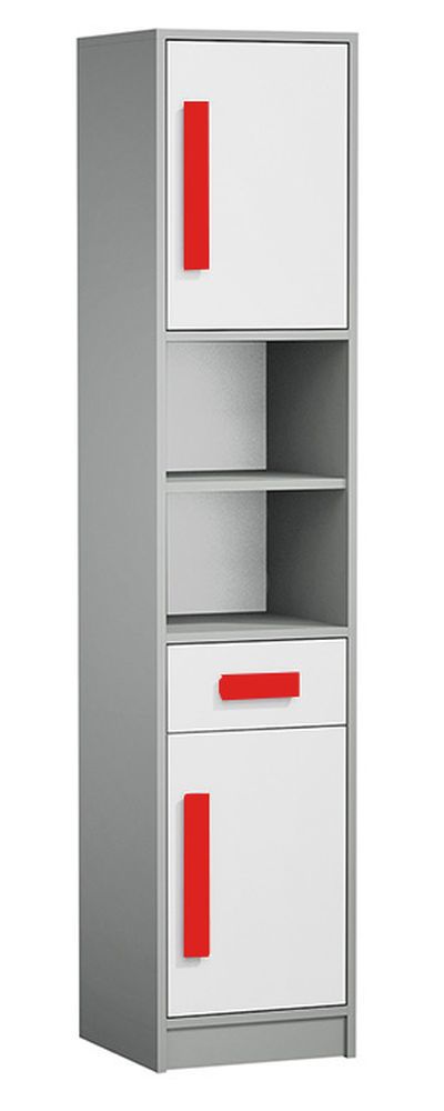 Schmaler Jugendzimmerschrank Olaf 04 mit roten Akzenten, Anthrazit / Weiß / Rot, teilmassiv - 191 x 40 x 40 cm, 2 Türen, 1 Schublade, 2 Fächer, ABS Kanten