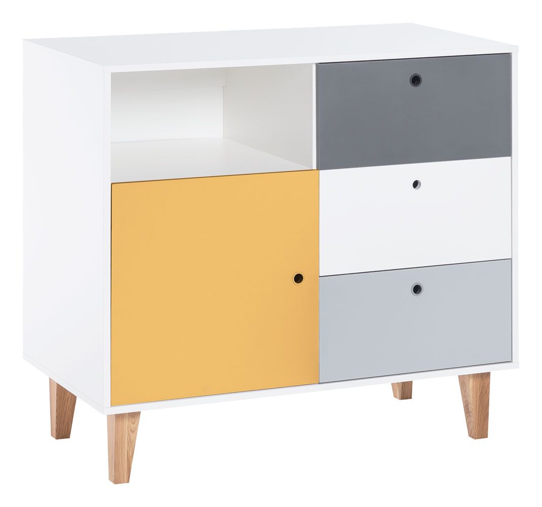 Jugendzimmer - Kommode Syrina 03, Farbe: Weiß / Grau / Gelb - Abmessungen: 97 x 104 x 55 cm (H x B x T)