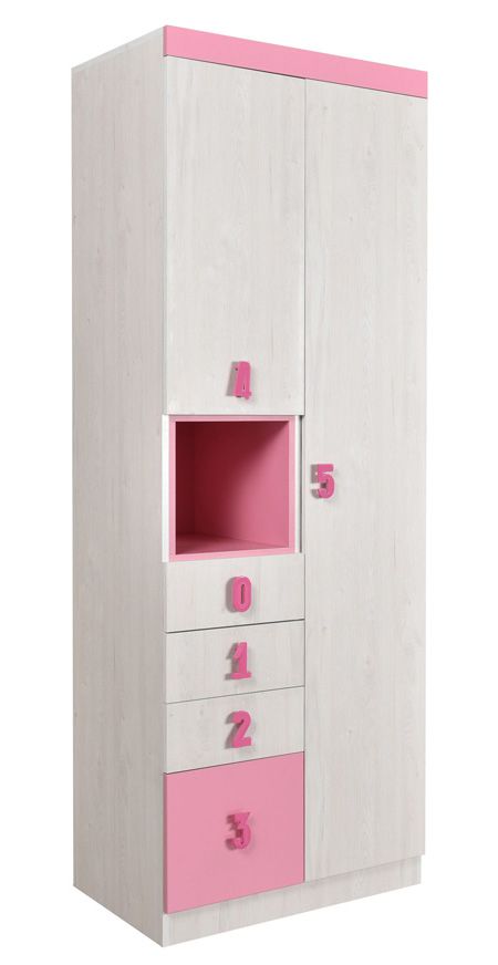 Kinderzimmer - Drehtürenschrank / Kleiderschrank Luis 11, Farbe: Eiche Weiß / Rosa - 218 x 80 x 52 cm (H x B x T)