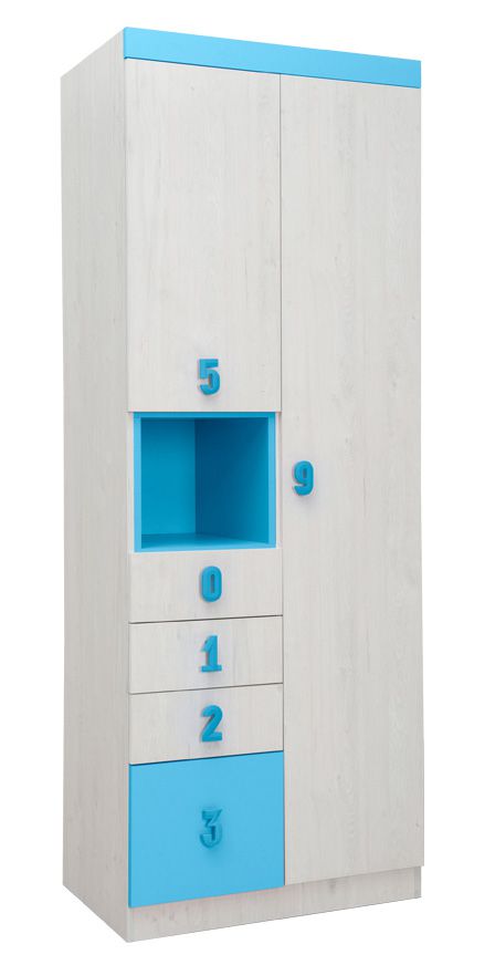 Kinderzimmer - Drehtürenschrank / Kleiderschrank Luis 11, Farbe: Eiche Weiß / Blau - 218 x 80 x 52 cm (H x B x T)