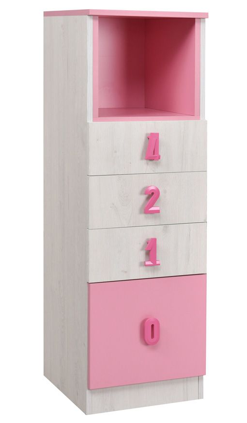 Kinderzimmer - Kommode Luis 24, Farbe: Eiche Weiß / Rosa - 127 x 40 x 42 cm (H x B x T)