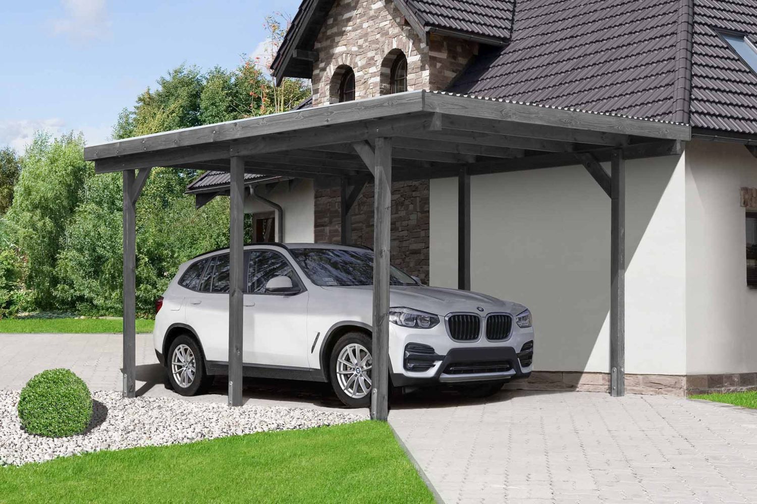 Einzelcarport 01, aus Kiefernholz, kesseldruckimprägniert grau - Außenmaße: 303 x 505 cm (B x T)