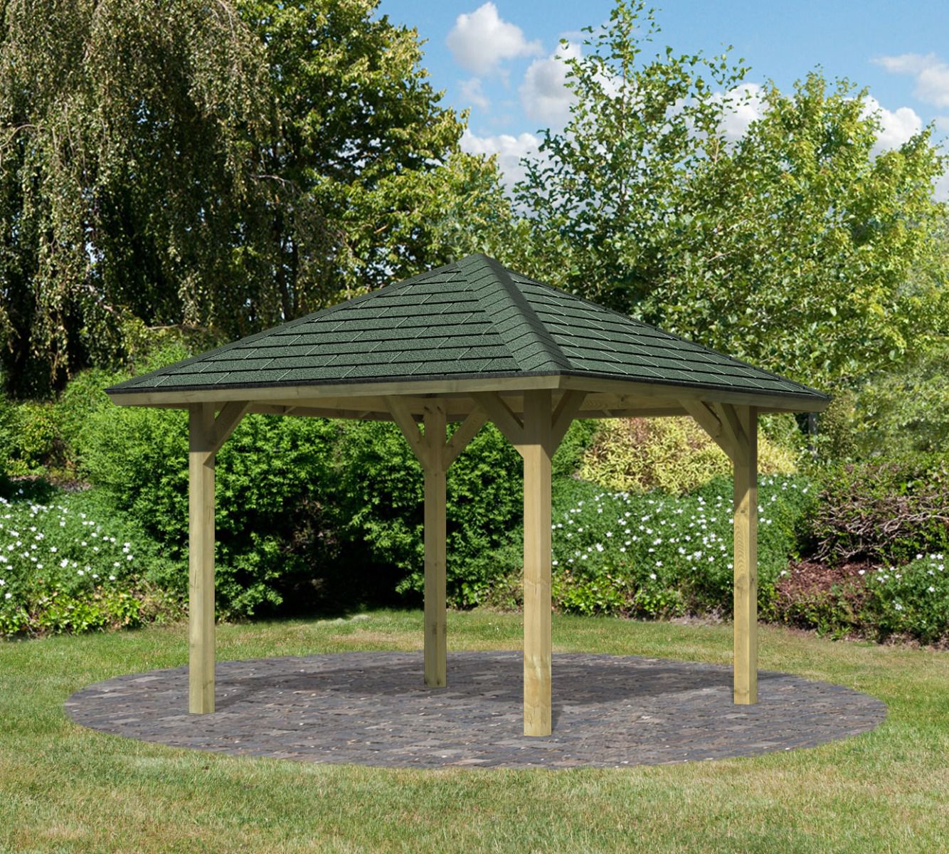 Quadratischer Pavillon SET AKTION mit grünen Schindeln, Farbe: Natur KDI, Grundfläche 5,8 m²