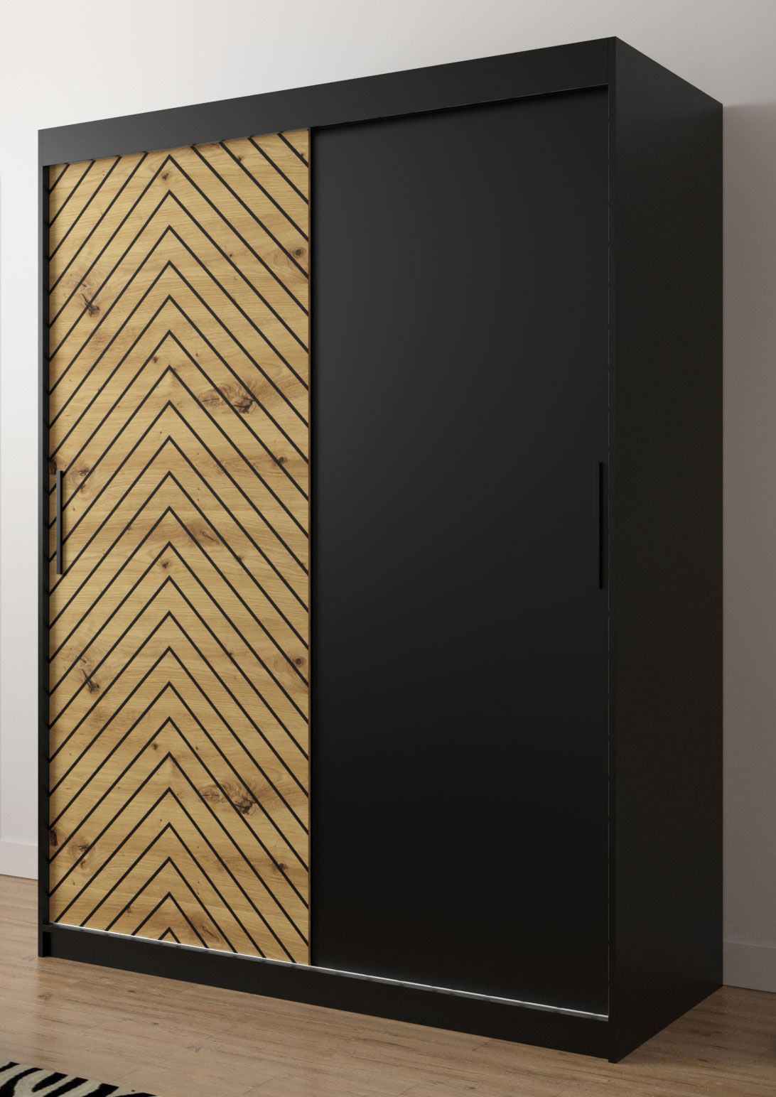 Eleganter Kleiderschrank Mulhacen 17, Farbe: Schwarz matt / Eiche Artisan - Abmessungen: 200 x 150 x 62 cm (H x B x T), mit genügend Stauraum