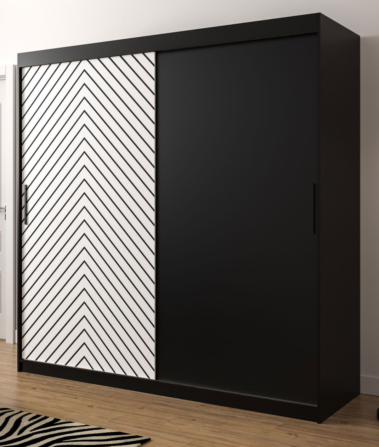 Edler Kleiderschrank Mulhacen 30, Farbe: Schwarz matt / Weiß matt - Abmessungen: 200 x 200 x 62 cm (H x B x T), mit 10 Fächern