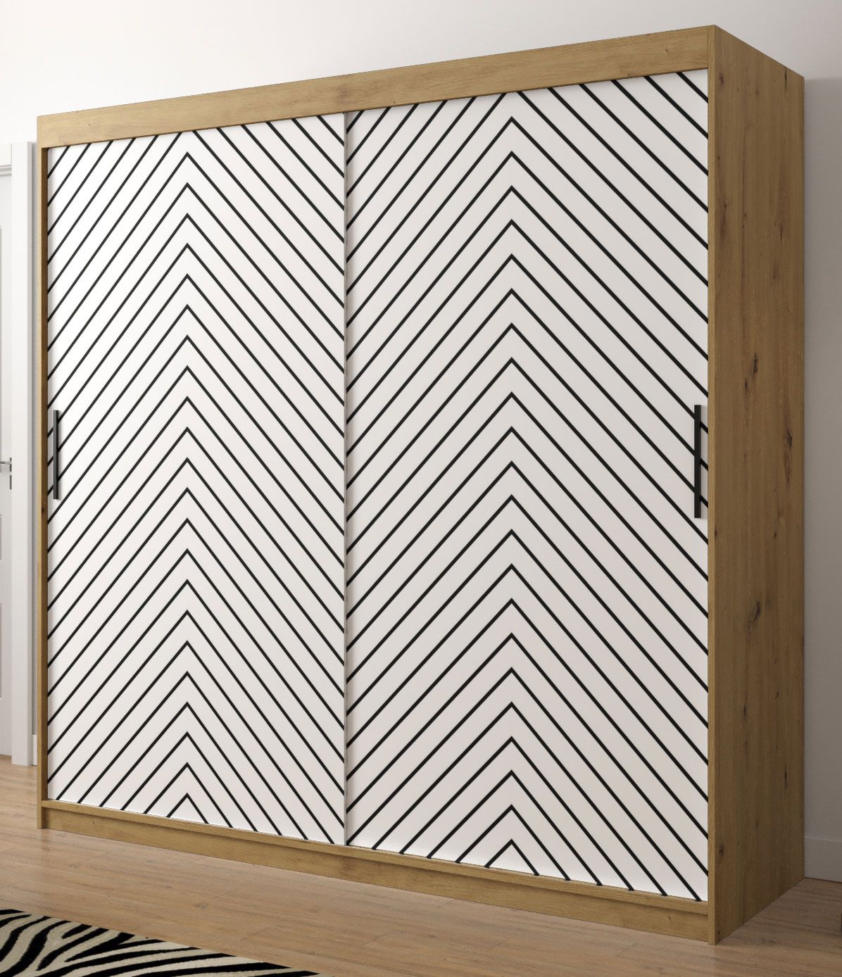 Moderner Kleiderschrank Mulhacen 62, Farbe: Eiche Artisan / Weiß matt / Schwarz matt - Abmessungen: 200 x 200 x 62 cm (H x B x T), mit 10 Fächern und zwei Kleiderstangen