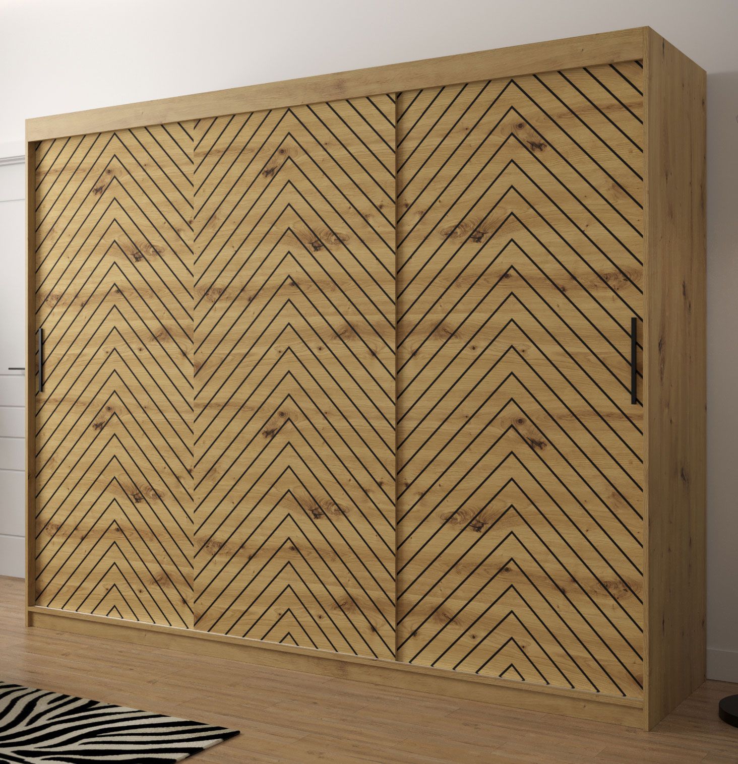 Moderner Kleiderschrank Mulhacen 67, Farbe: Eiche Artisan / Schwarz matt - Abmessungen: 200 x 250 x 62 cm (H x B x T), mit 10 Fächern und zwei Kleiderstangen