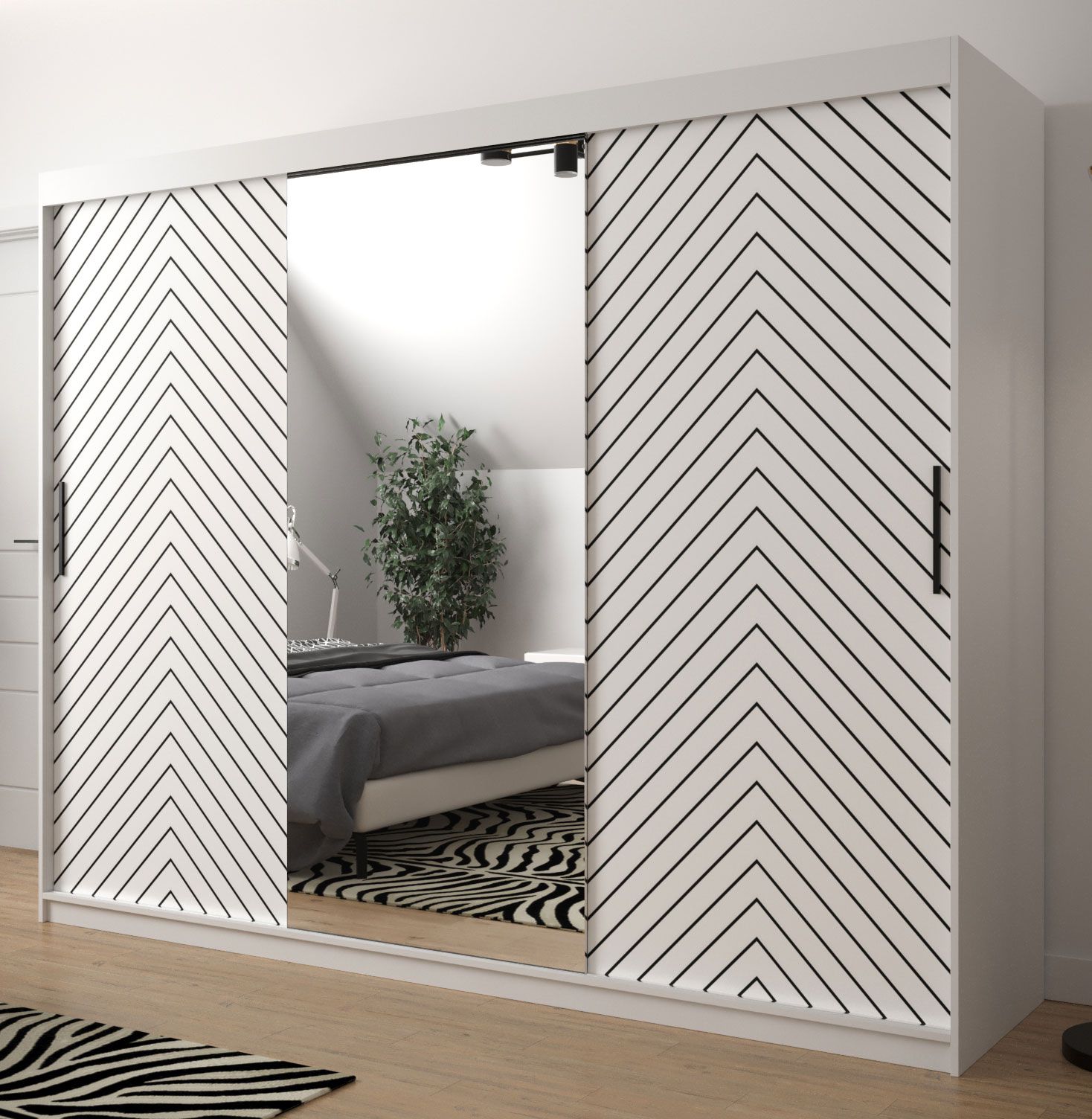 Großer Kleiderschrank mit besonderen Design Mulhacen 106, Farben: Weiß matt / Schwarz matt - Abmessungen: 200 x 250 x 62 cm (H x B x T), mit 10 Fächern und zwei Kleiderstangen