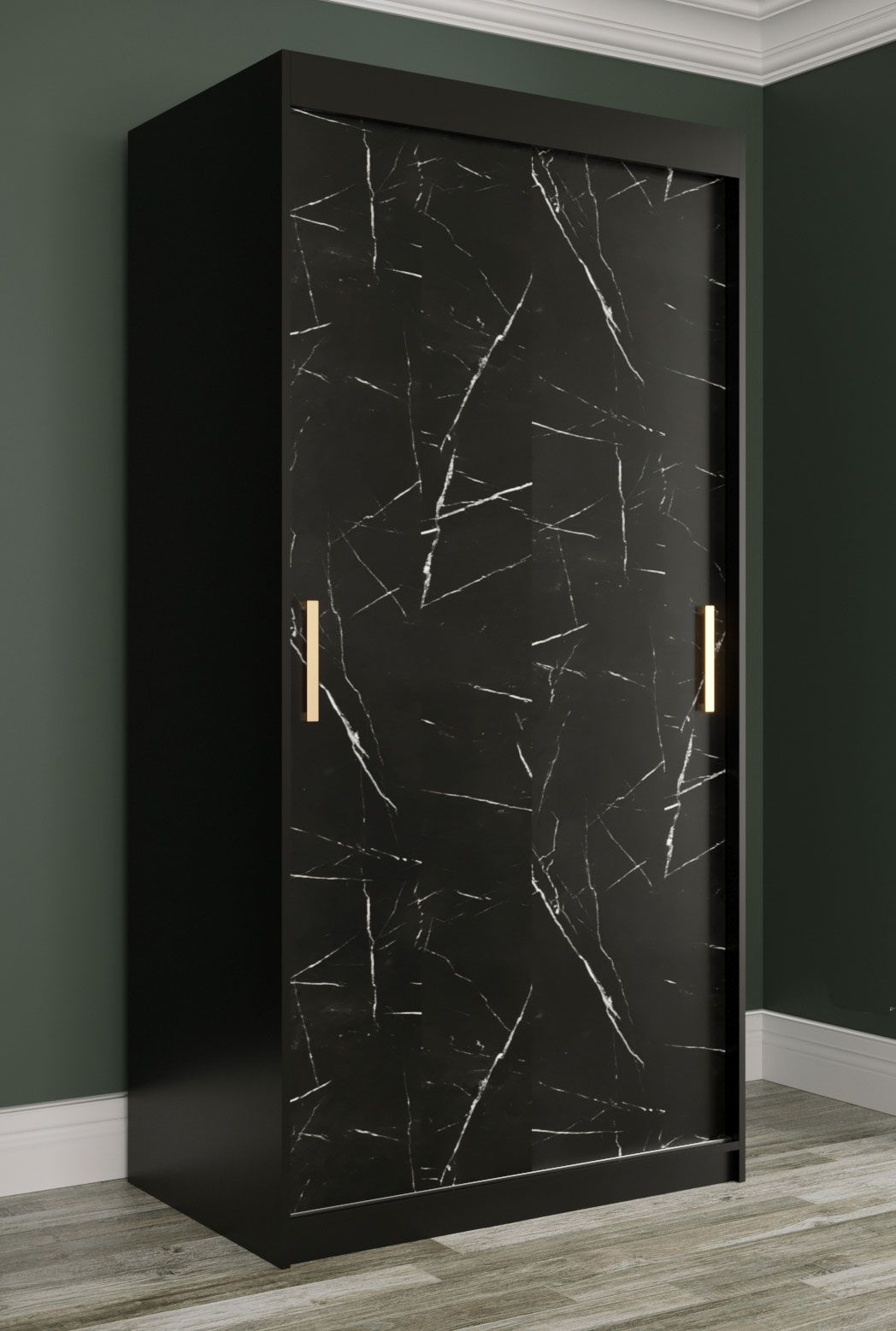 Schmaler Kleiderschrank mit stylischen Design Ätna 25, Farbe: Schwarz matt / Schwarzer Marmor - Abmessungen: 200 x 100 x 62 cm (H x B x T), mit genügend Stauraum