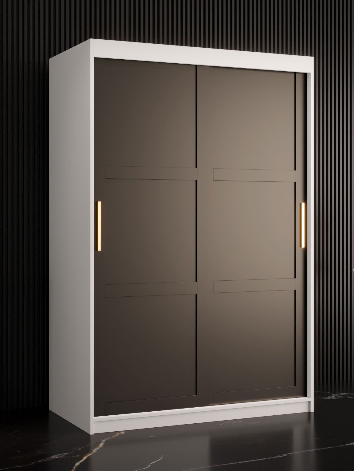 Eleganter Kleiderschrank mit fünf Fächern Liskamm 06, Farbe: Weiß matt / Schwarz matt - Abmessungen: 200 x 120 x 62 cm (H x B x T), mit genügend Stauraum