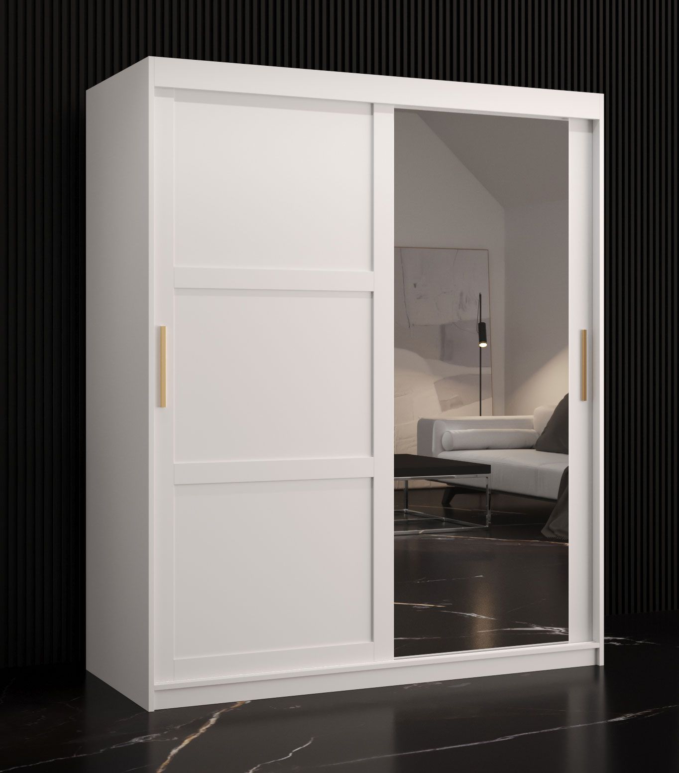 Kleiderschrank mit einer Spiegeltür Liskamm 33, Farbe: Weiß matt - Abmessungen: 200 x 150 x 62 cm (H x B x T), mit fünf Fächern und zwei Kleiderstangen