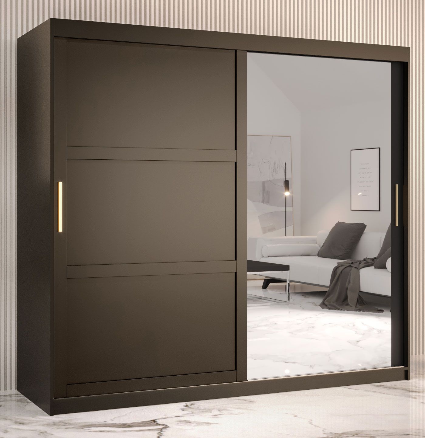 Eleganter Kleiderschrank mit einer Spiegeltür Liskamm 44, Farbe: Schwarz matt - Abmessungen: 200 x 200 x 62 cm (H x B x T), mit 10 Fächern und zwei Kleiderstangen