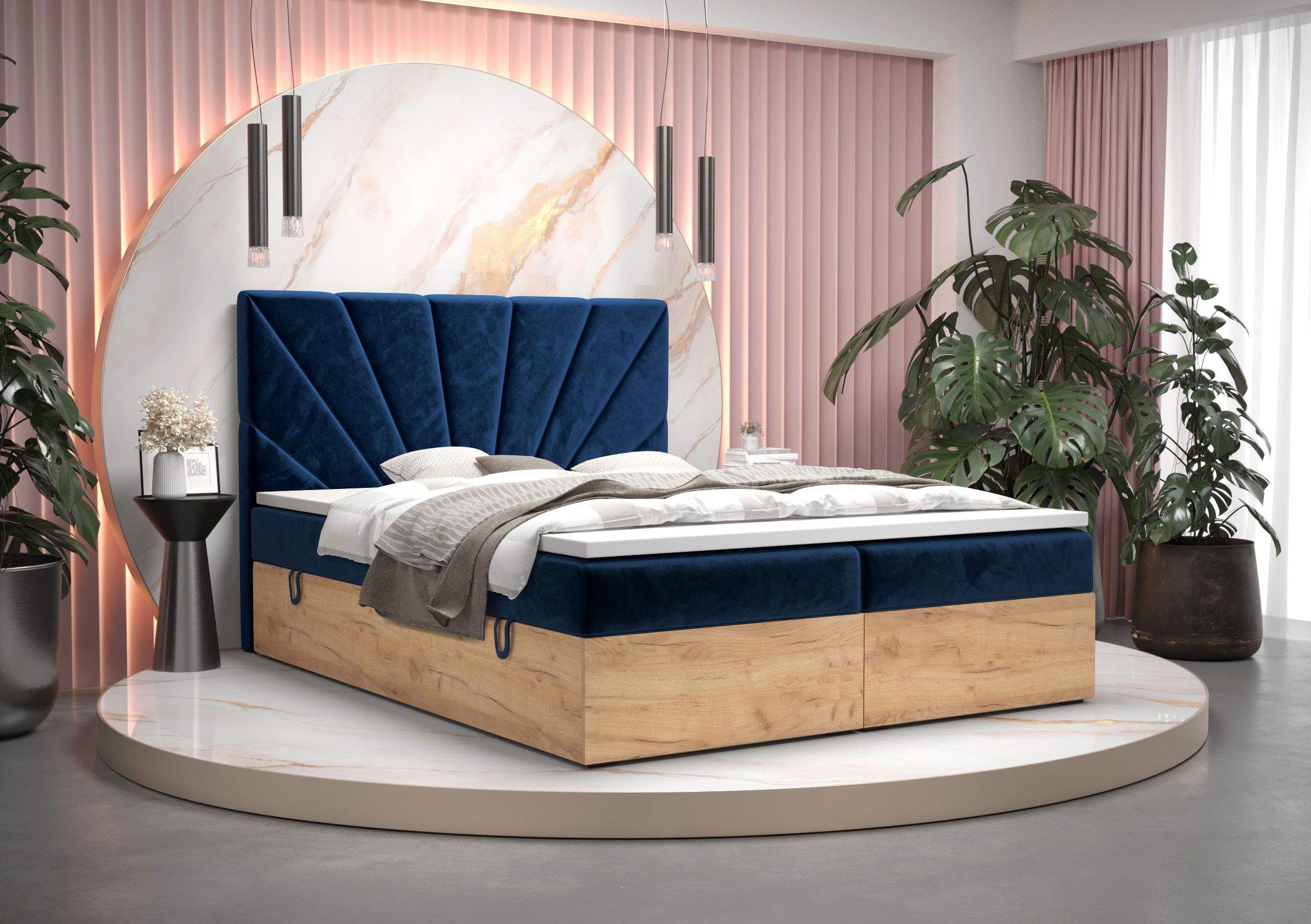 Boxspringbett im eleganten Design Pilio 25, Farbe: Blau / Eiche Golden Craft - Liegefläche: 160 x 200 cm (B x L)