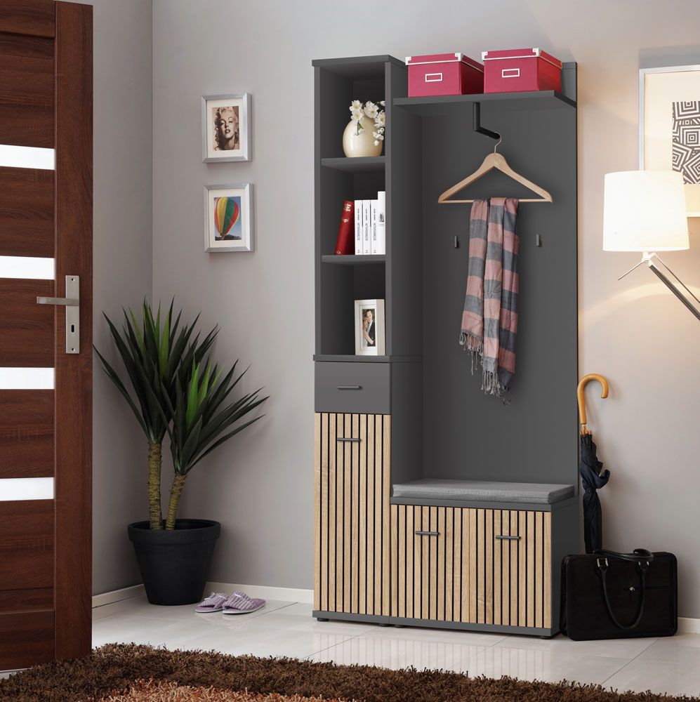 Garderobe Ringerike 02, Farbe: Anthrazit / Eiche Artisan - Abmessungen: 203 x 90 x 32 cm (H x B x T), mit Sitzkissen