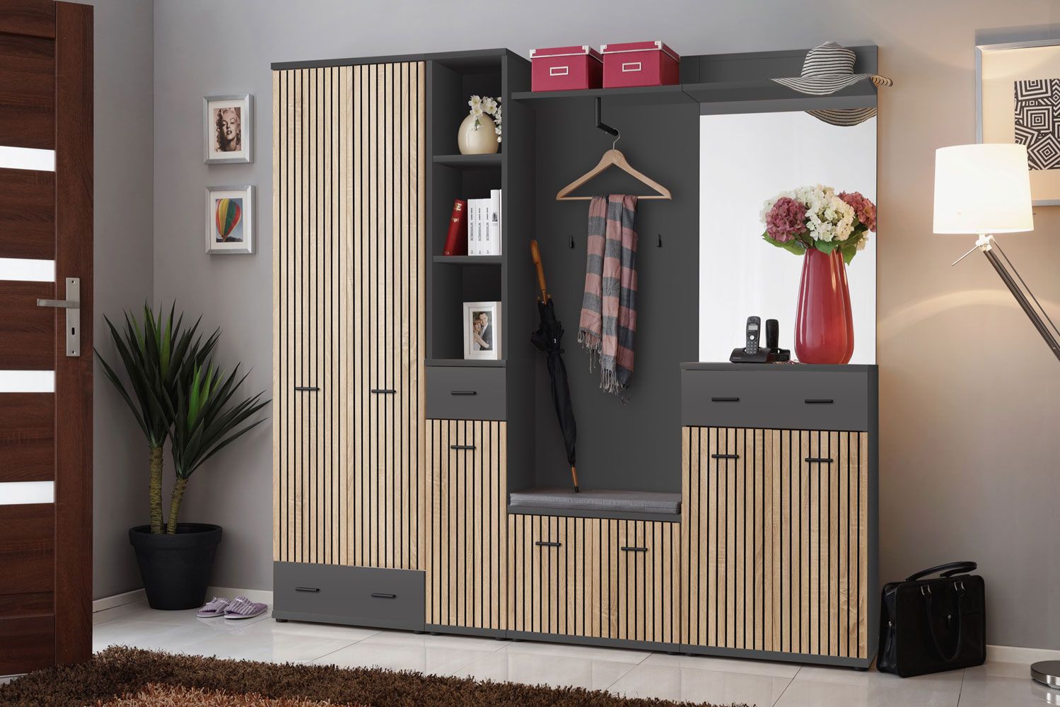 Garderobe Ringerike 08, Farbe: Anthrazit / Eiche Artisan - Abmessungen: 203 x 210 x 32 cm (H x B x T), mit 10 Fächern und einen Sitzkissen