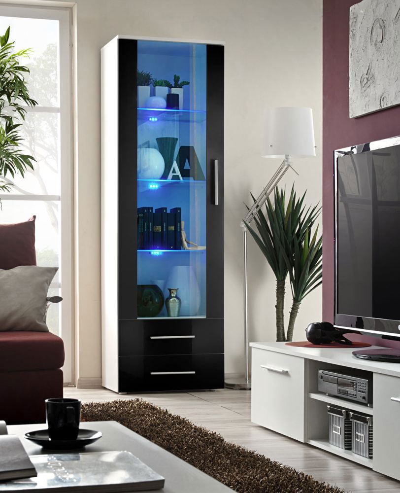 Edle Vitrine mit vier Fächern Salmeli 07, Farbe: Schwarz / Weiß - Abmessungen: 190 x 60 x 40 cm (H x B x T), mit LED-Beleuchtung