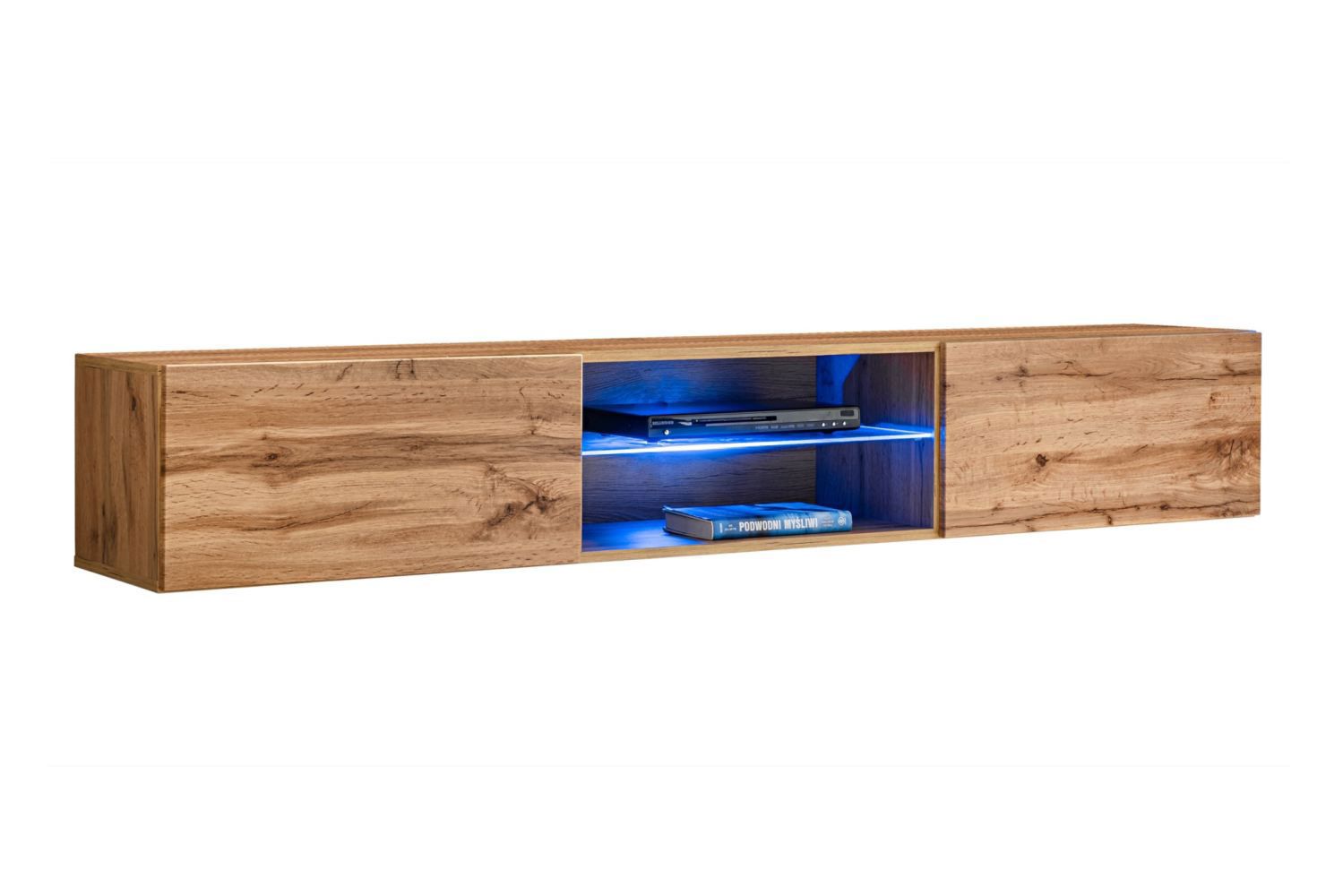 Stylischer TV-Unterschrank mit LED-Beleuchtung Möllen 20, Farbe: Eiche Wotan - Abmessungen: 30 x 180 x 40 cm (H x B x T), mit vier Fächern