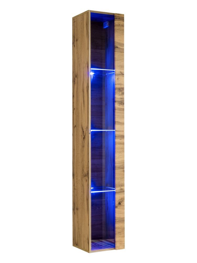 Hängevitrine mit vier Fächern Fardalen 16, Farbe: Eiche Wotan - Abmessungen: 180 x 30 x 30 cm (H x B x T), mit LED-Beleuchtung