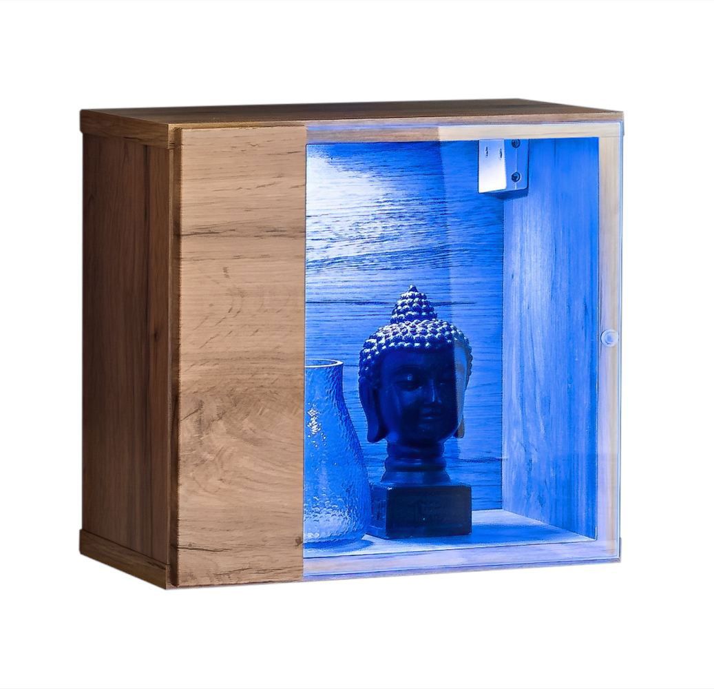 Elegante Hängevitrine Möllen 16, Farbe: Eiche Wotan - Abmessungen: 30 x 30 x 25 cm (H x B x T), mit LED-Beleuchtung