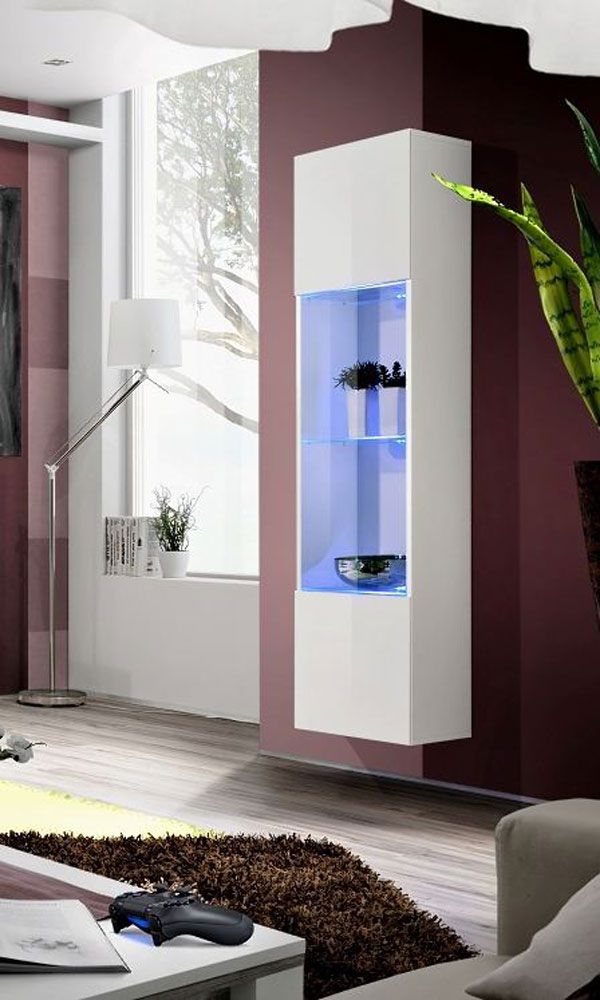 Hängevitrine mit LED-Beleuchtung Raudberg 18, Farbe: Weiß - Abmessungen: 170 x 40 x 29 cm (H x B x T), mit vier Fächern