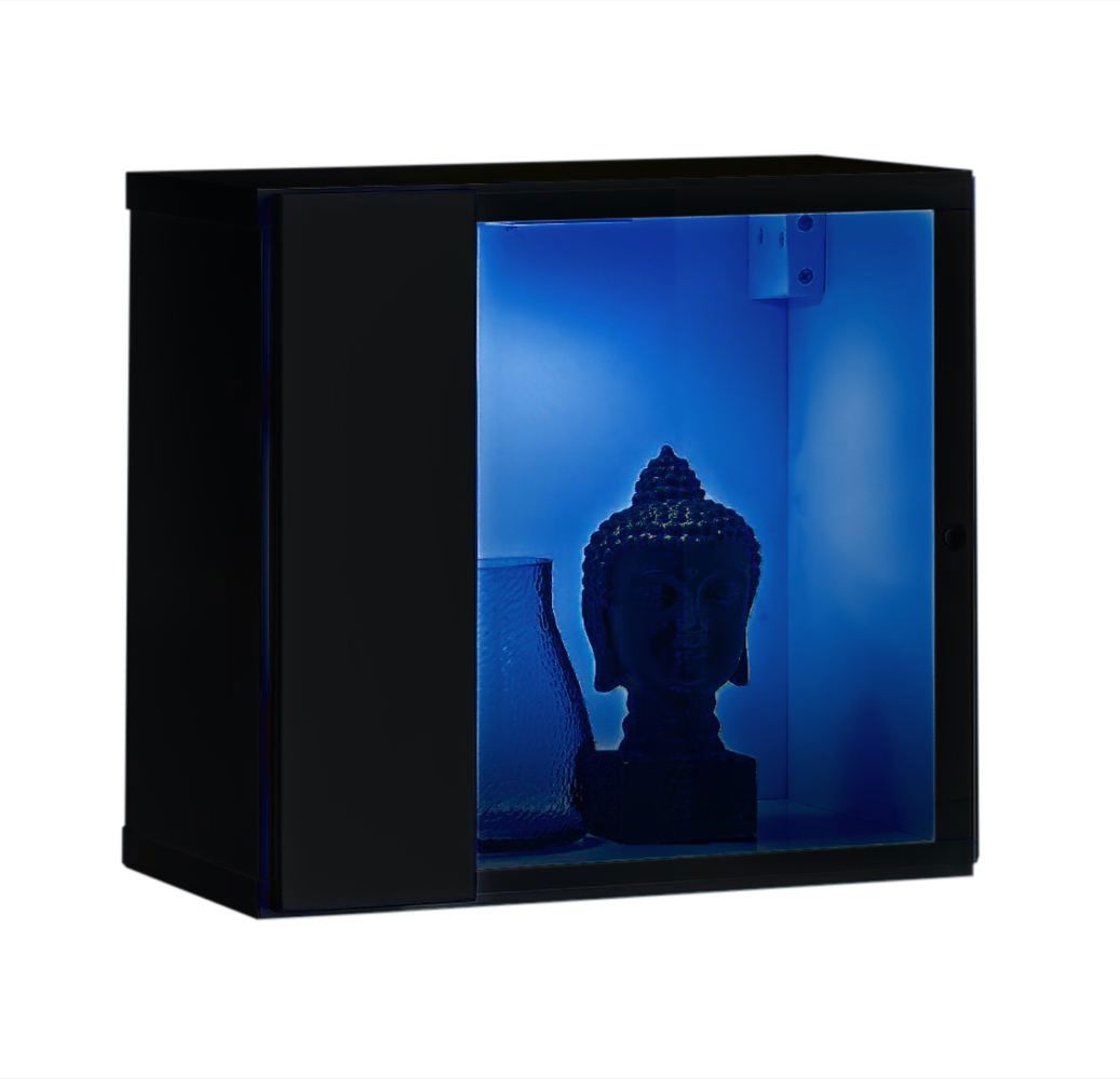 Quadratische Hängevitrine mit Push-to-open Funktion Möllen 14, Farbe: Schwarz - Abmessungen: 30 x 30 x 25 cm (H x B x T), mit LED-Beleuchtung