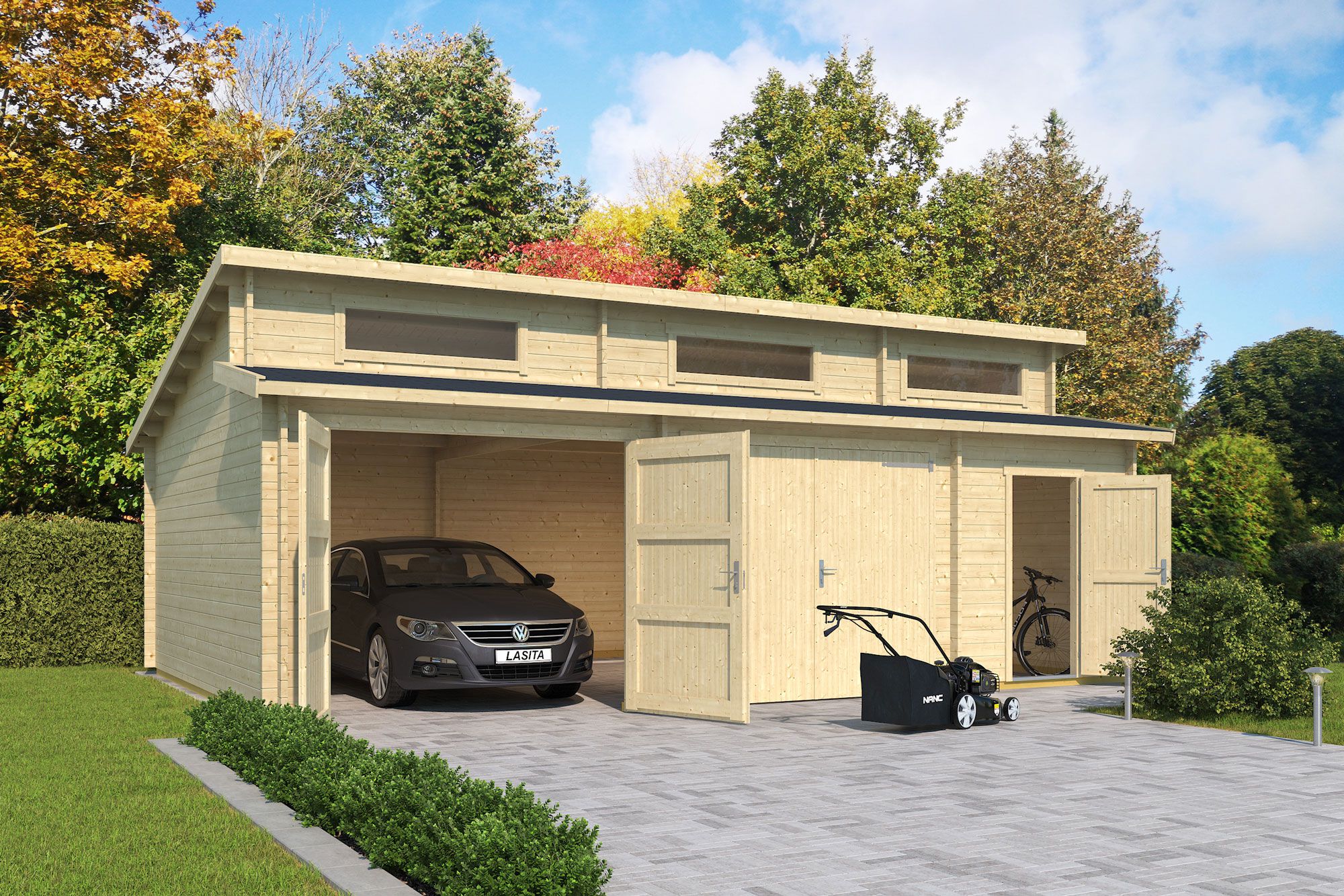 Doppelgarage H171 ohne Tor & Abstellraum | 38.76 m² | 70 mm Blockbohlen | Naturbelassen | inkl. Isolierverglasung