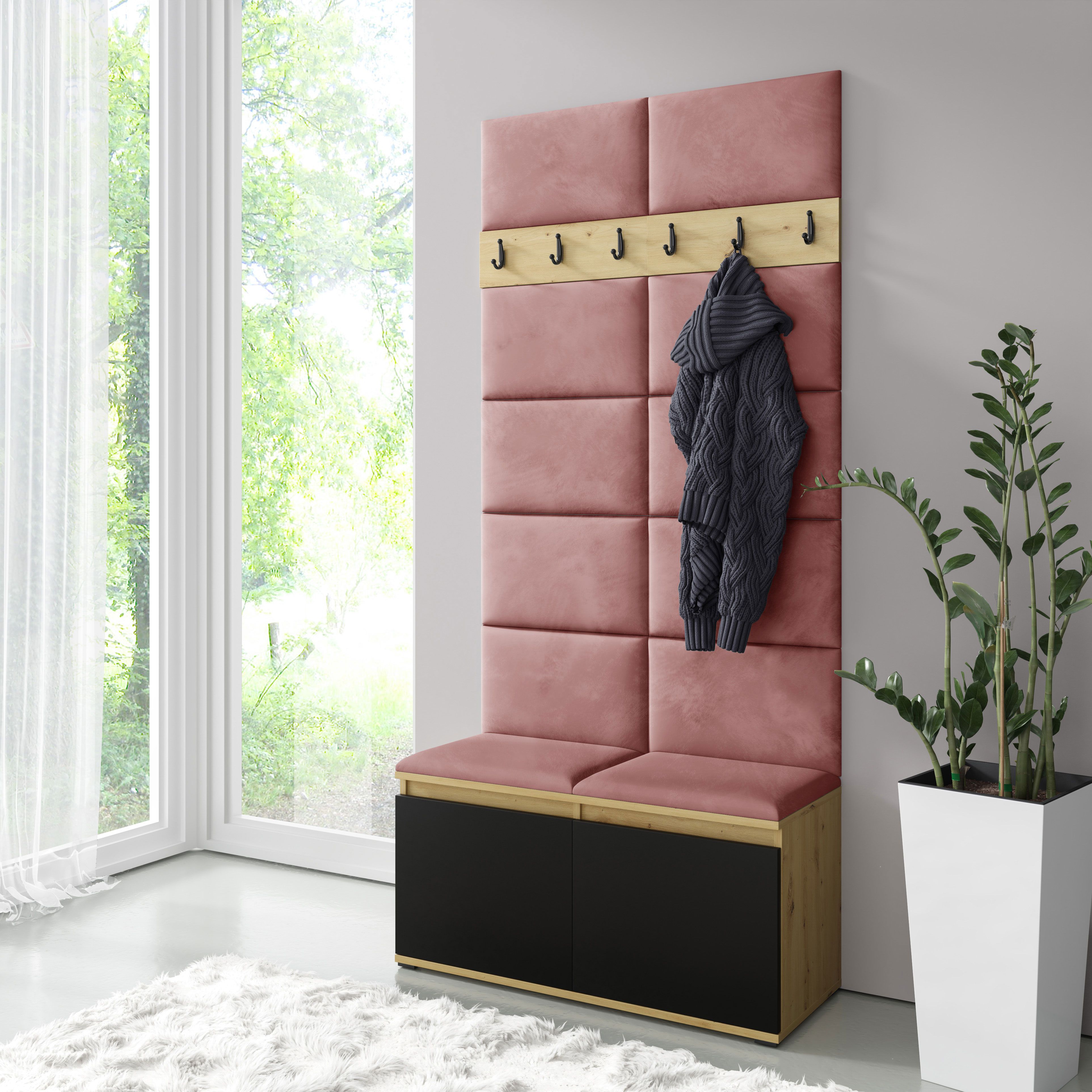 Garderobe 01 mit gepolsterter Sitzbank/Wand,  Artisan/Schwarz/Misty Rose, 215x100x40 cm, für 8 Paar Schuhe, 6 Kleiderhaken, Schuhschrank mit 4 Fächer