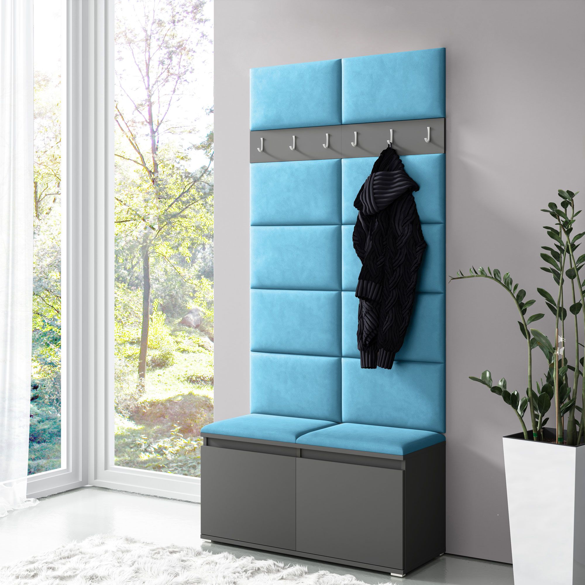 Schmale Garderobe 01 mit Sitzbank/Wand gepolstert, Graphit/Turquoise, 215 x 100 x 40 cm, für 8 Paar Schuhe, 6 Kleiderhaken, 4 Fächer, Schuhschrank