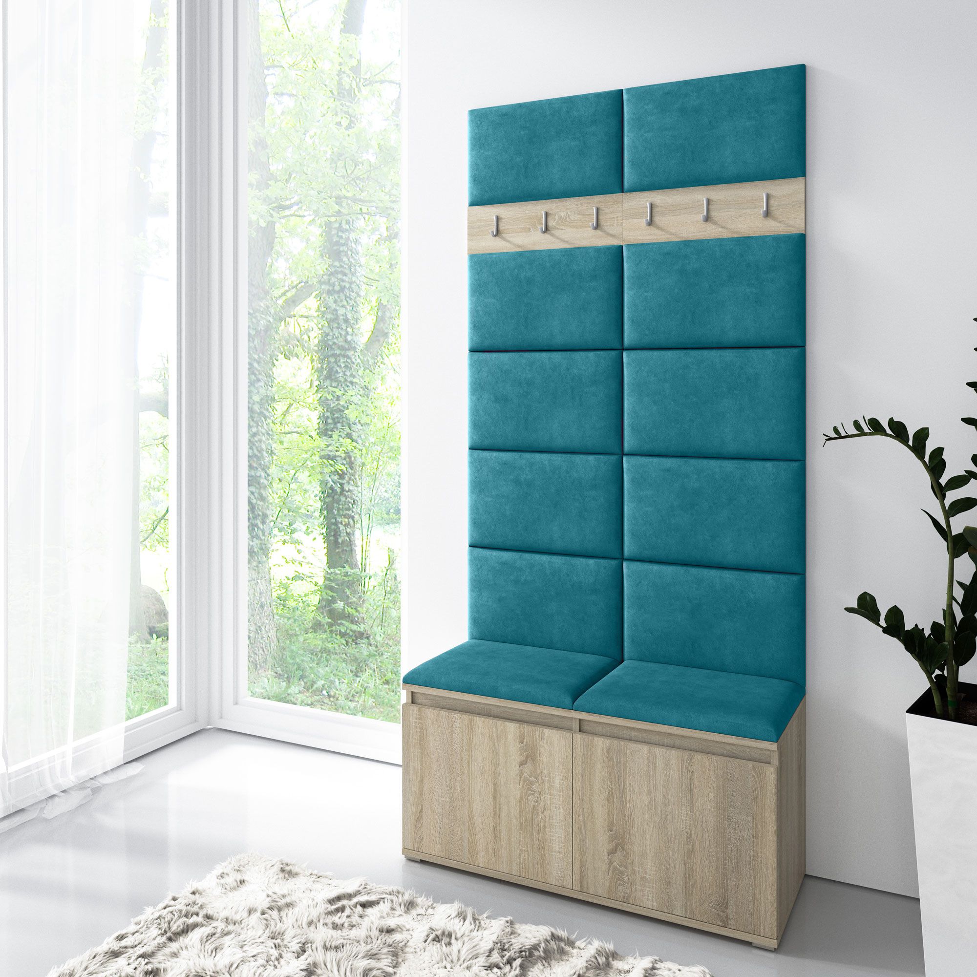 Garderobe 01 für Flur mit Polsterpaneele für Sitzbank & Wand, Sonoma Eiche/Turquoise, 215 x 100 x 40 cm, für 8 Paar Schuhe, 6 Kleiderhaken, 4 Fächer