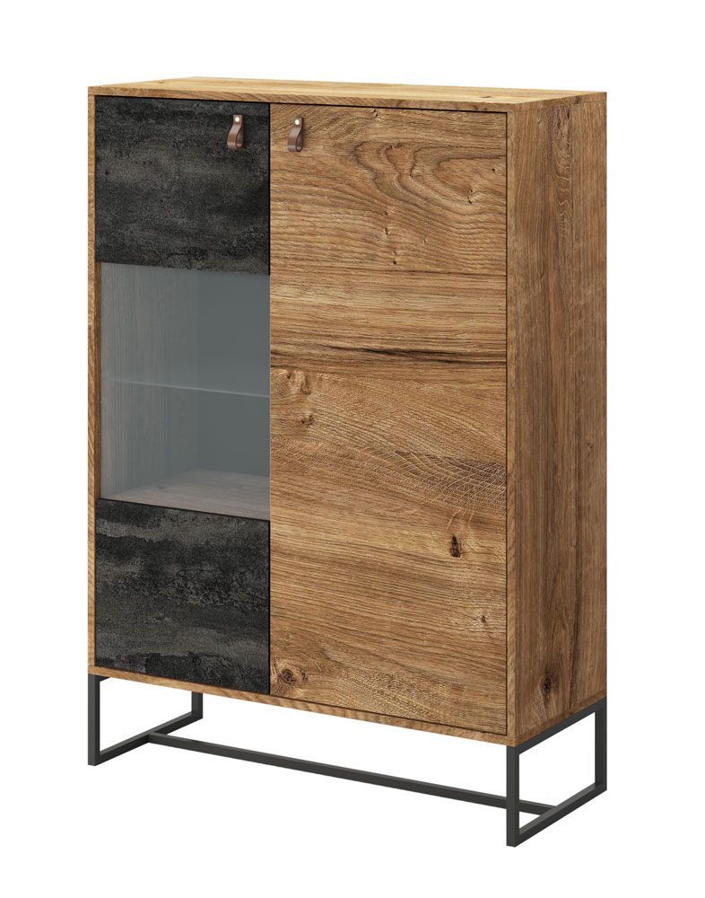 Vitrine Linthouse 07, Farbe: Eiche Dunkelbraun / Grau - Abmessungen: 133 x 93 x 39 cm (H x B x T)