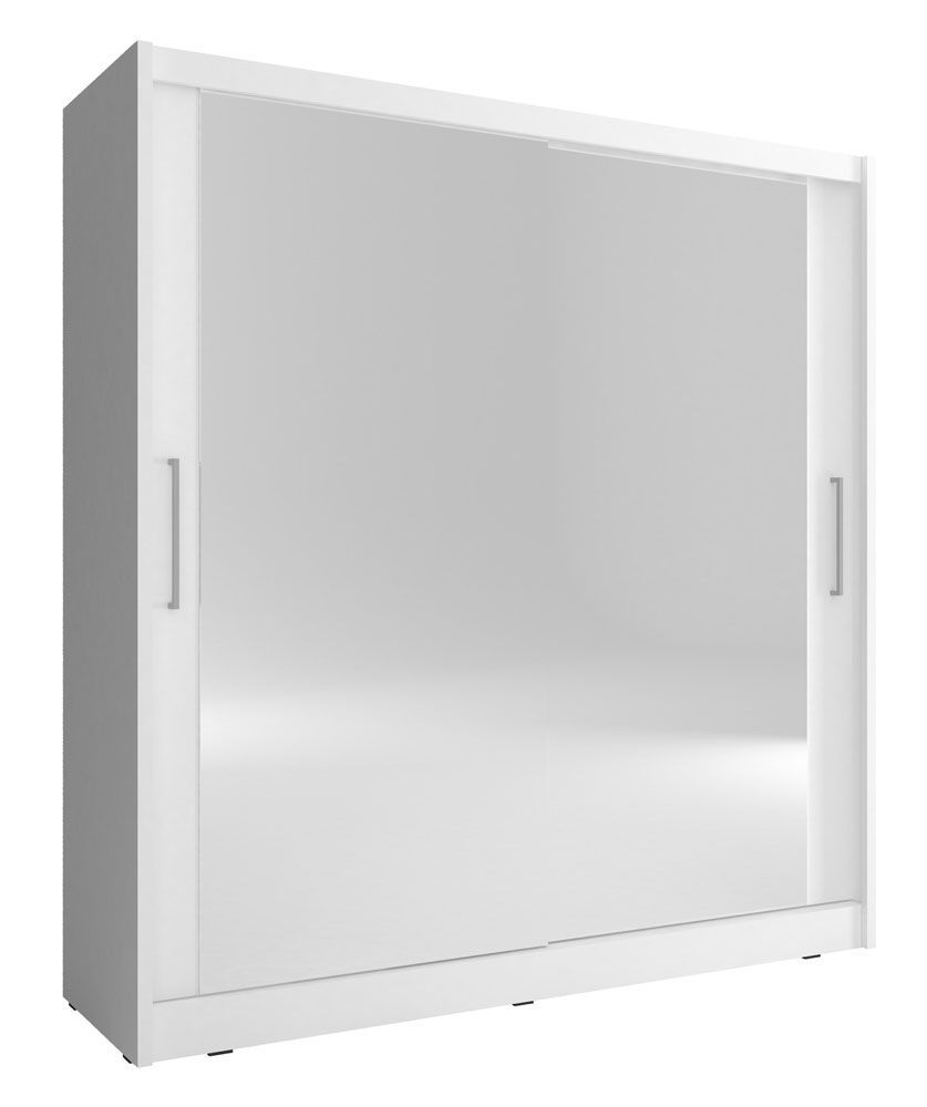 Eleganter Schwebetürenschrank mit zwei Spiegeltüren Warbreck 56, Farbe: Weiß - Abmessungen: 214 x 200 x 62 cm (H x B x T), mit genügend Stauraum