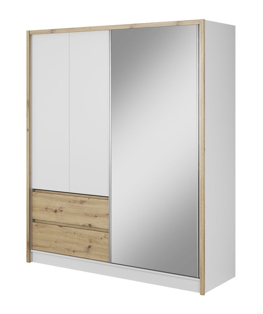 Kleiderschrank mit sechs Fächern und zwei Schubladen Kirkdale 06, Farbe: Weiß / Eiche Artisan - Abmessungen: 214 x 184 x 62 cm (H x B x T), mit genügend Stauraum