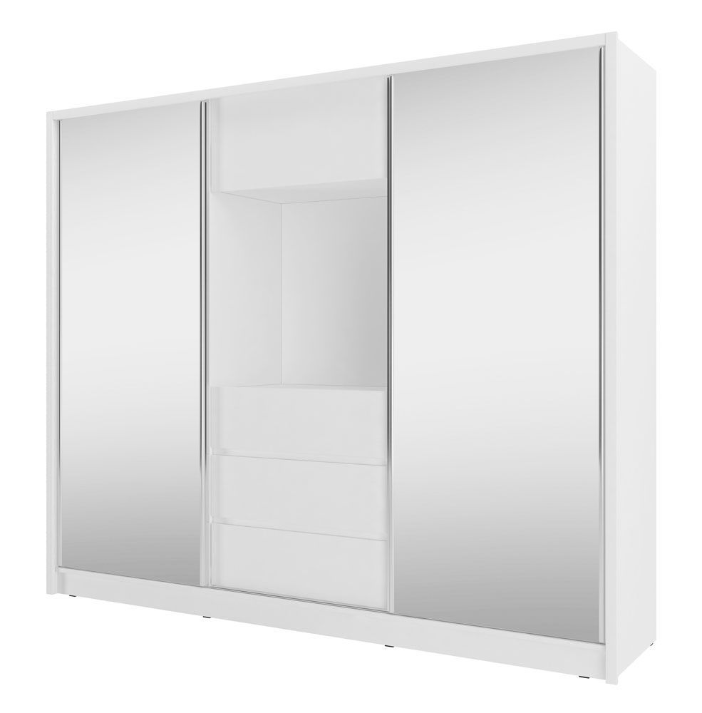 Schwebetürenschrank mit zwei großen Spiegeltüren Withington 01, Farbe: Weiß - Abmessungen: 214 x 254 x 62 cm (H x B x T), mit 7 Fächern