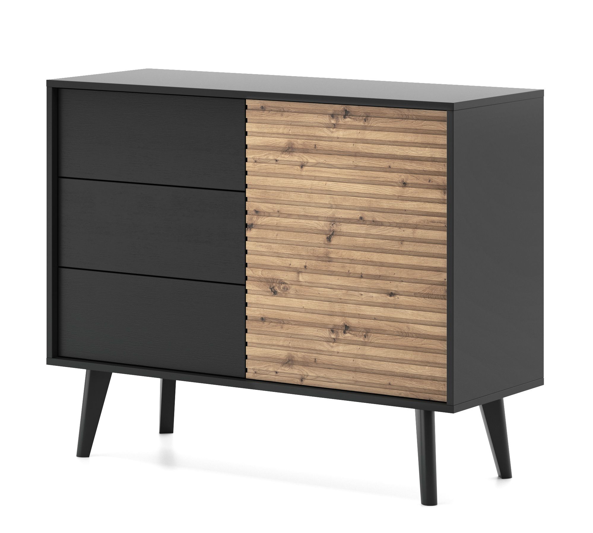 Moderne Kommode mit drei Schubladen Banbury 02, Farbe: Eiche Artisan / Schwarz - Abmessungen: 83 x 104 x 39 cm (H x B x T)