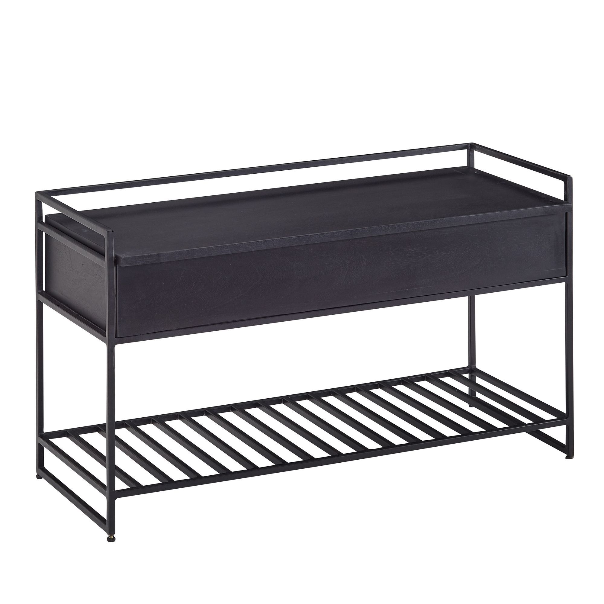 Sitzbank mit Stauraum aus Mango Massivholz, Farbe: Schwarz - Abmesungen: 52 x 90 x 38 cm (H x B x T)