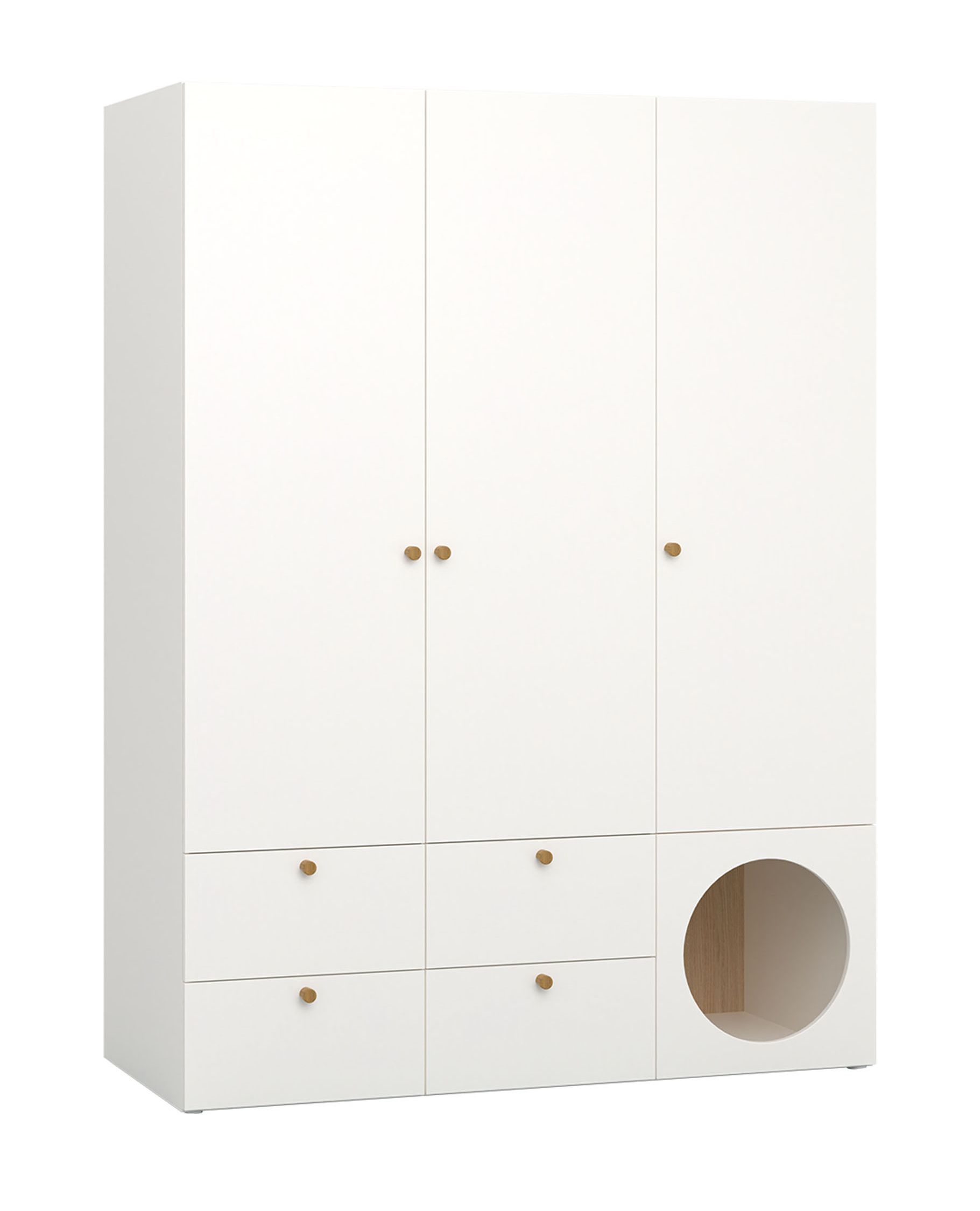 Kleiderschrank mit zwei Kleiderstangen Aenna 10, modernes Design, Farbe: Weiß / Eiche, Maße: 202,5 x 151 x 60 cm, Griffe: Eiche, sehr Langlebig