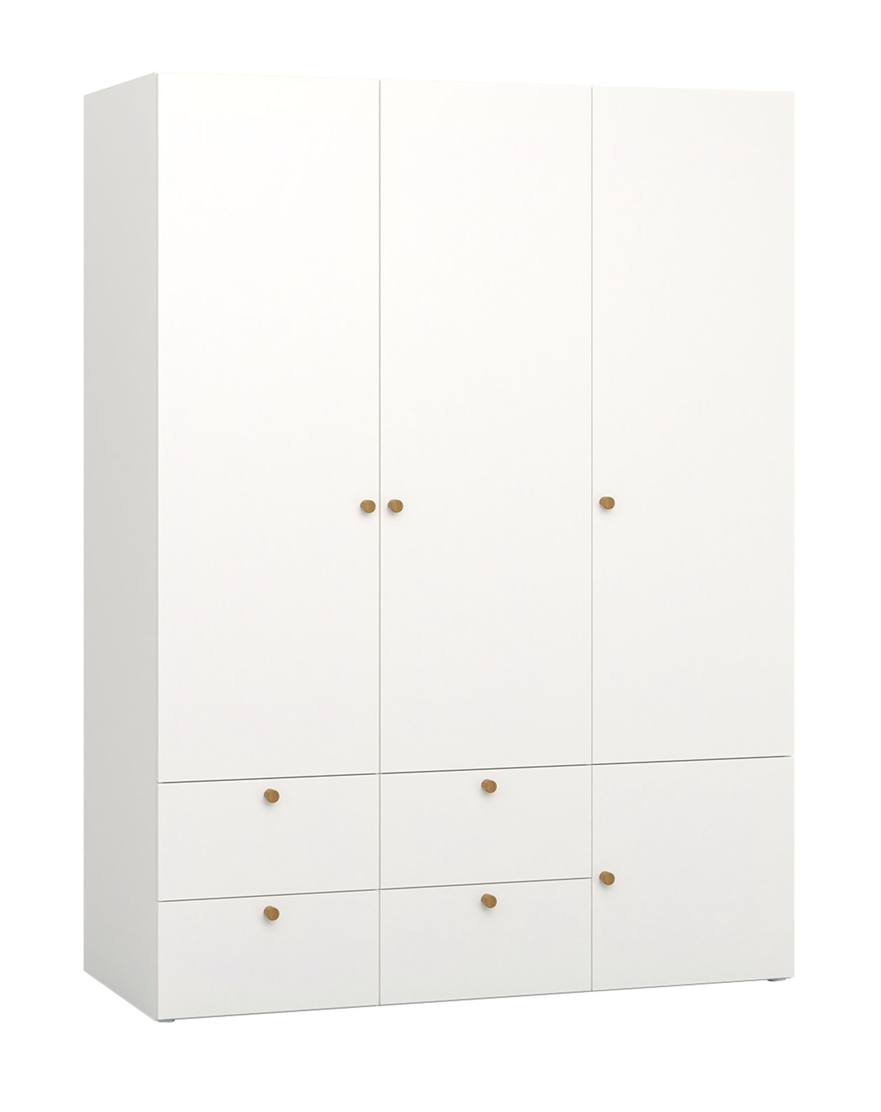 Drehtürenschrank mit integrierter LED-Beleuchtung Aenna 16, zwei Kleiderstangen, Farbe: Weiß / Eiche, Maße: 202,5 x 151 x 60 cm, vier Schubladen, sechs Fächer