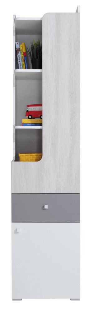 Jugendzimmer - Schrank Floreffe 05, Farbe: Weiß / Eiche weiß / Grau - Abmessungen: 190 x 45 x 40 cm (H x B x T)