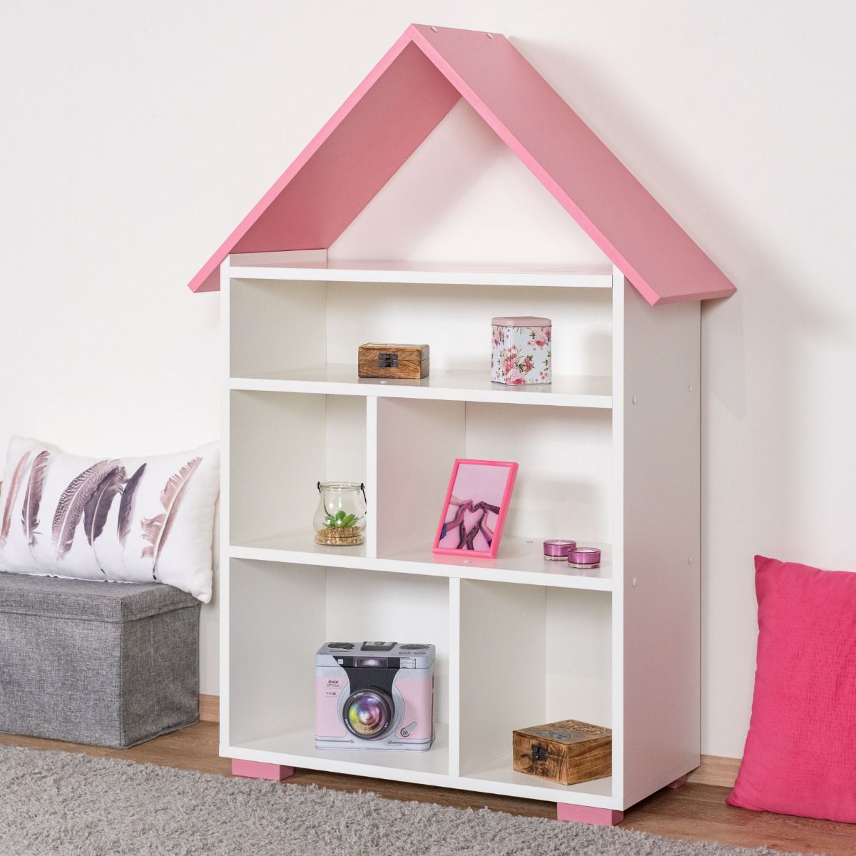 Kinderzimmer - Bücherregal Daniel 01, Farbe: Weiß / Rosa - 117 x 83 x 30 cm (H x B x T)