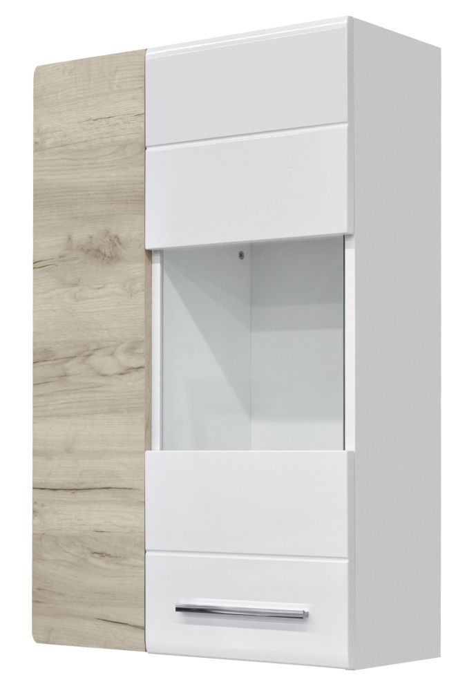 Hängevitrine Colmenar 02, Farbe: Eiche grau / Weiß Glanz - Abmessungen: 99 x 65 x 27 cm (H x B x T)