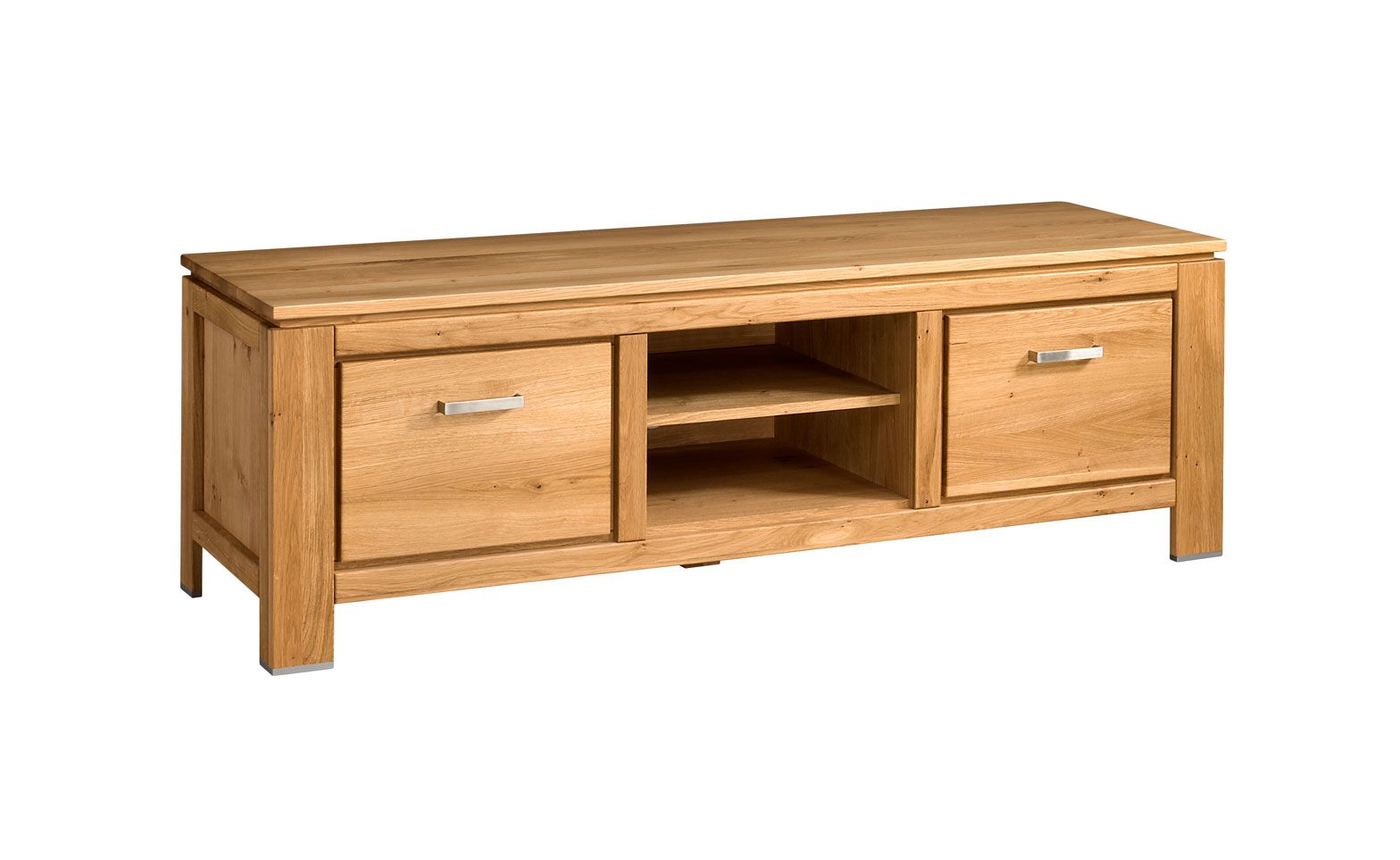 TV-Unterschrank / TV-Möbel Balsa 12, mit zwei Schubladen, Natur, komfortabel für Saug- und Wischroboter, zwei offene Fächer, Eiche teilmassiv, geölt / gewachst, 175 x 53 x 58 cm