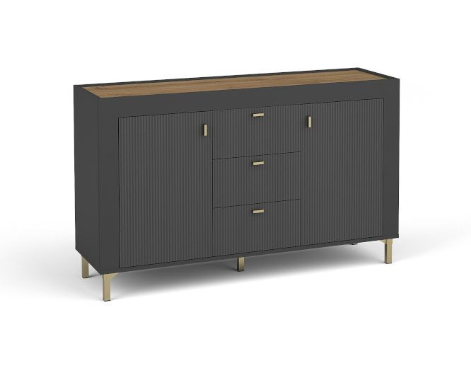 Stabiles Sideboard / Kommode mit vier Fächer Barbe 17, drei Schubladen, Farbe: Schwarz matt, ABS-Kantenschutz, Griffe: Gold, zwei Türen, Maße: 83,5 x 137 x 40 cm, leicht kombinierbar mit anderen Möbeln