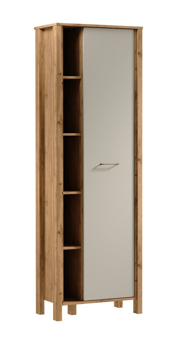 Schrank Braianik 10 in 200 x 66 x 37 cm, mit 5 offenen Fächer, 1 Tür, 5 Fächer, 8 Einlegeböden, Wohnzimmer, Eiche Wotan / Beige, Griff aus Metall