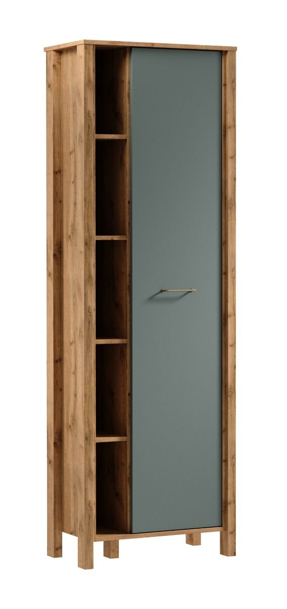 Schrank Braianik 25 mit 5 offenen Fächer, 1 Tür, 5 Fächer, 8 Einlegeböden, 200 x 66 x 37 cm, Eiche Wotan / Grün, Wohnzimmer, Vorzimmer, Büro, ABS